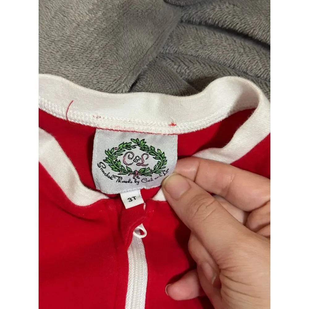 C&L Boutique Buttflap Red Zip Sleeper Long Size 3T Toddler Red White Christmas‎